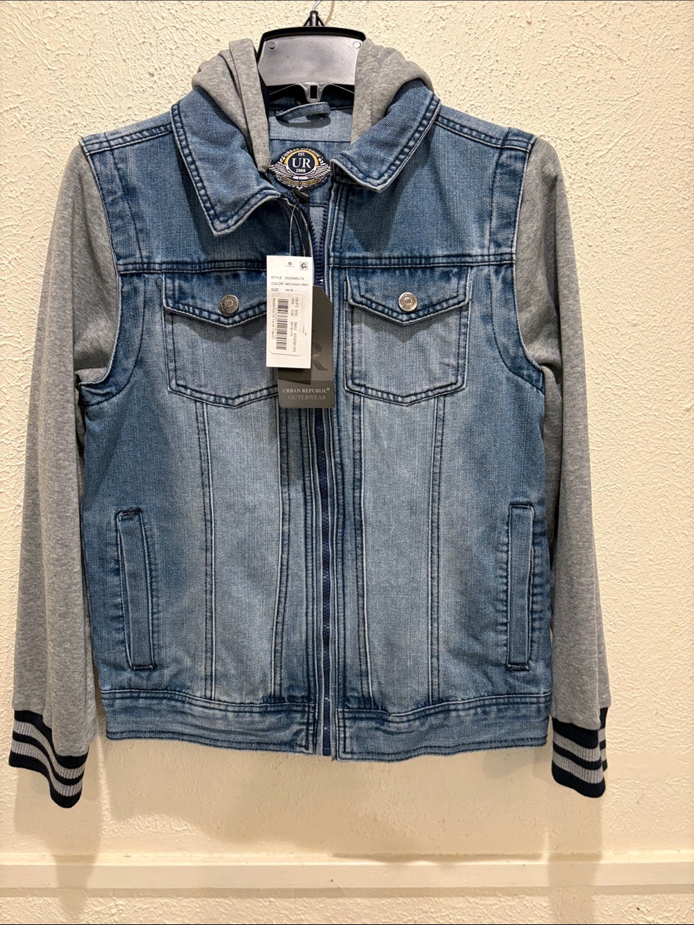 Urban Republic Blue Denim Jacket with Gray Sleeves and Hood